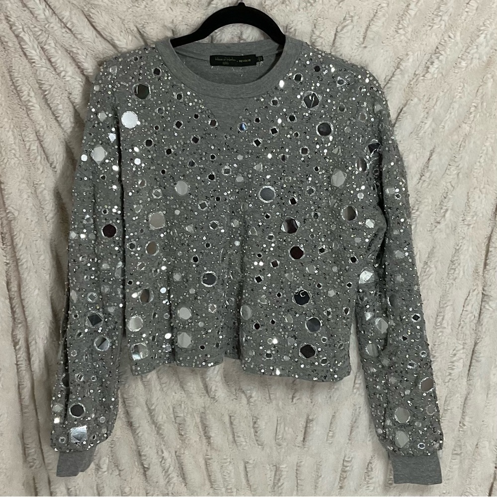 House of Harlow 1960 Ale Gray Mirrored Sequin Crewneck Pullover